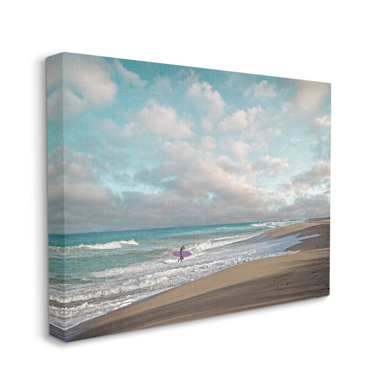 Stupell Industries Crashing Waves on Beach Surfer Purple Board Canvas Wall Art